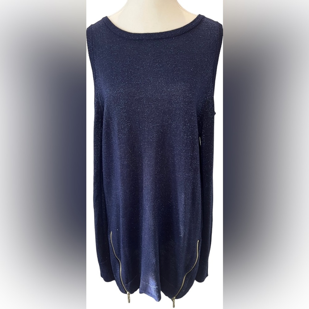 BIANCA NYGARD blue & metallic cold shoulder long sweater or dress w/ zip side XL